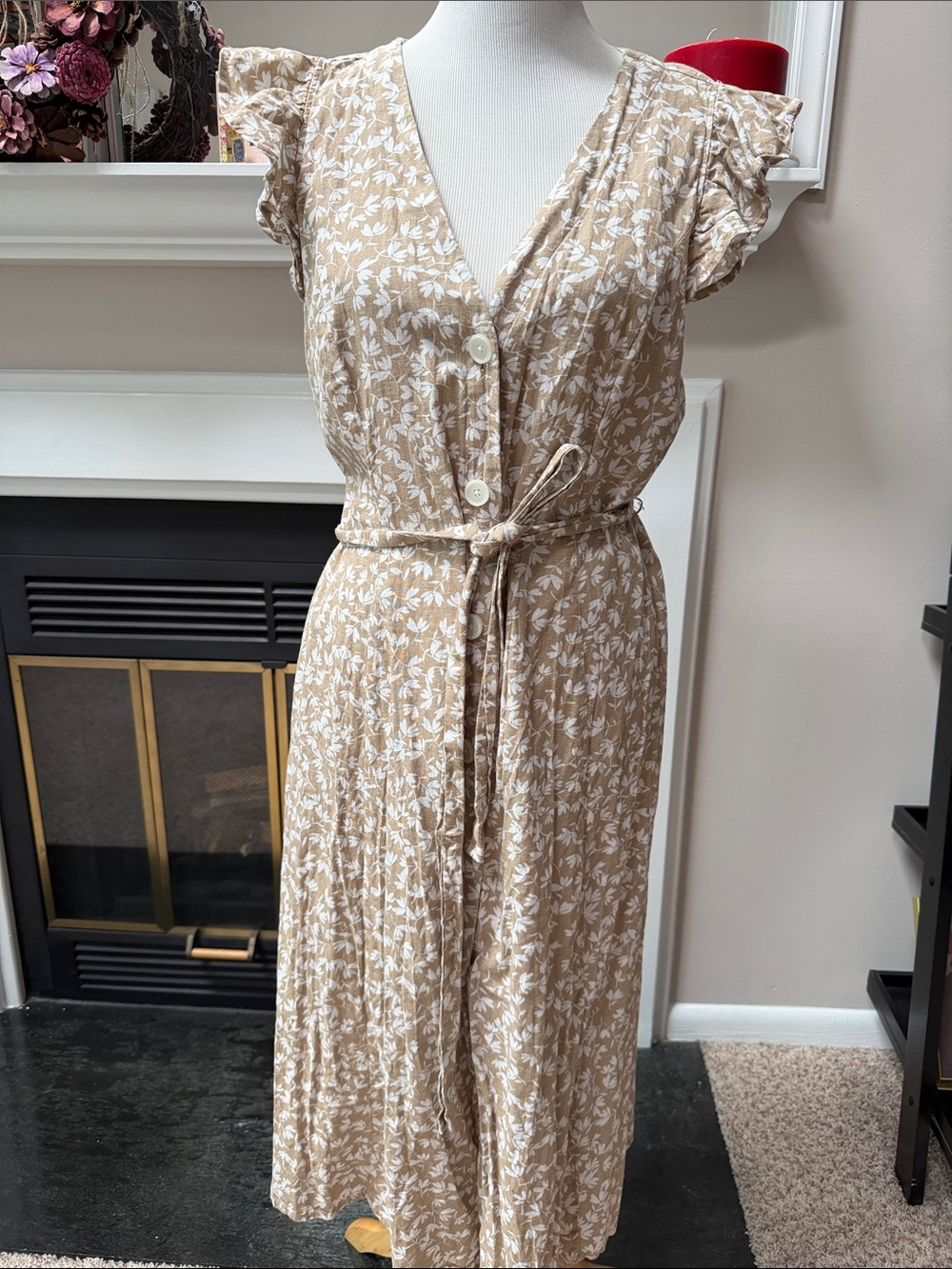 Tommy Hilfiger Beige Floral Midi Dress with Tie Waist
